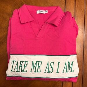 New With Defect THE MAYFAIR GROUP Take Me As I Am Pink Collared Sweatshirt XXL